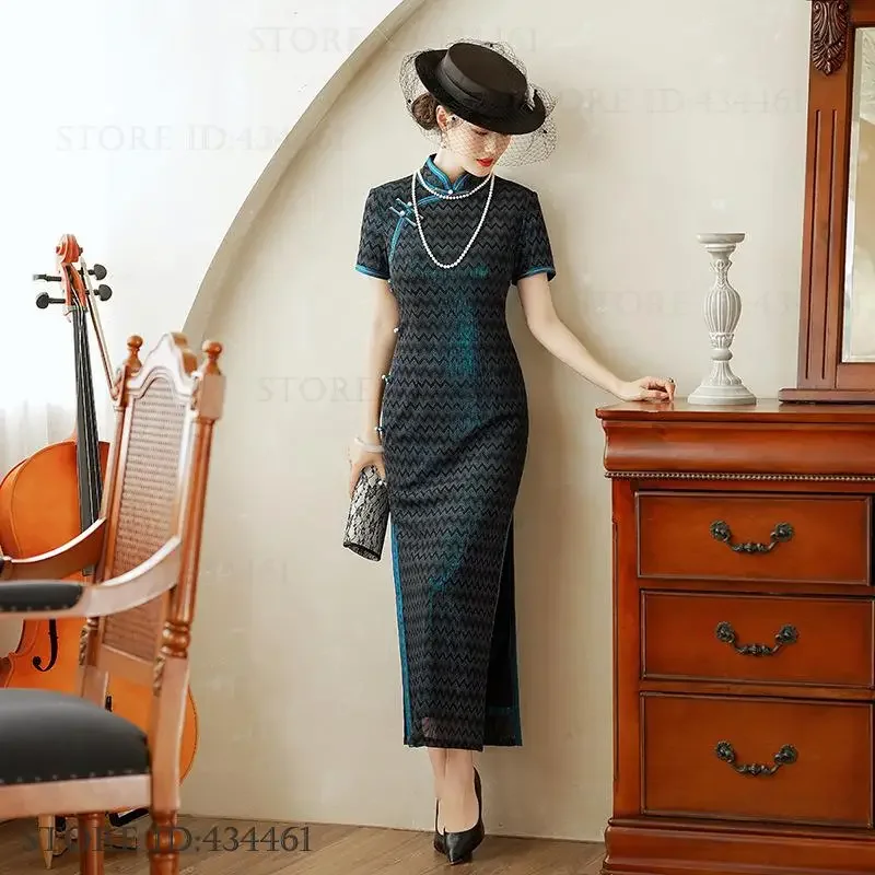 الكلاسيكية اليوسفي طوق شيونغسام فستان صيني خمر طباعة سيدة طويلة تشيباو الربيع يطلي أنيقة قصيرة الأكمام مثير فيستدوس