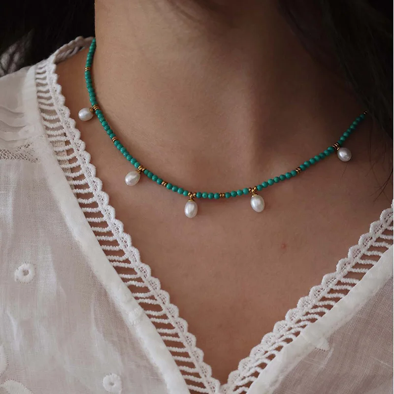 Green stone beaded pearl charm necklaces for women summer holiday vintage necklaces outer banks jewelry