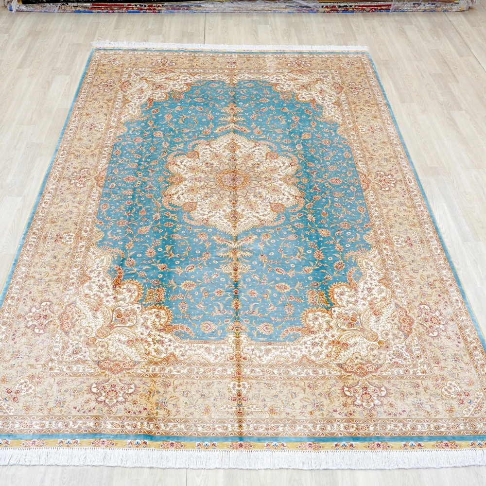 207x305cm Handmade Traditional Turkish Silk Rug Blue Hereke Silk Carpet (TJ621A)