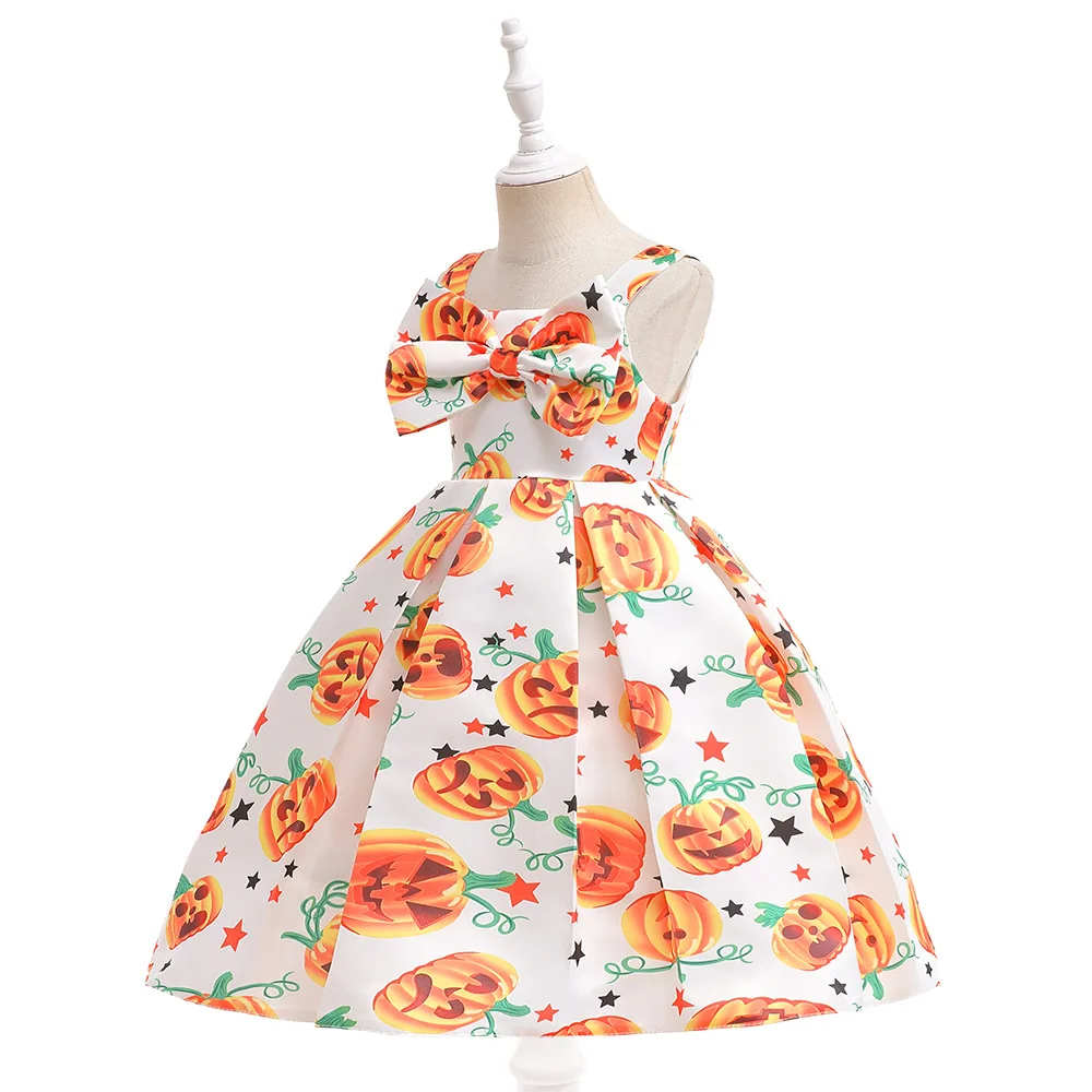 Girls Party Halloween Dresses 100cm-150cm Children Princess Pumpkin Print Dress Satin Baby Vestidos Performance Skirt