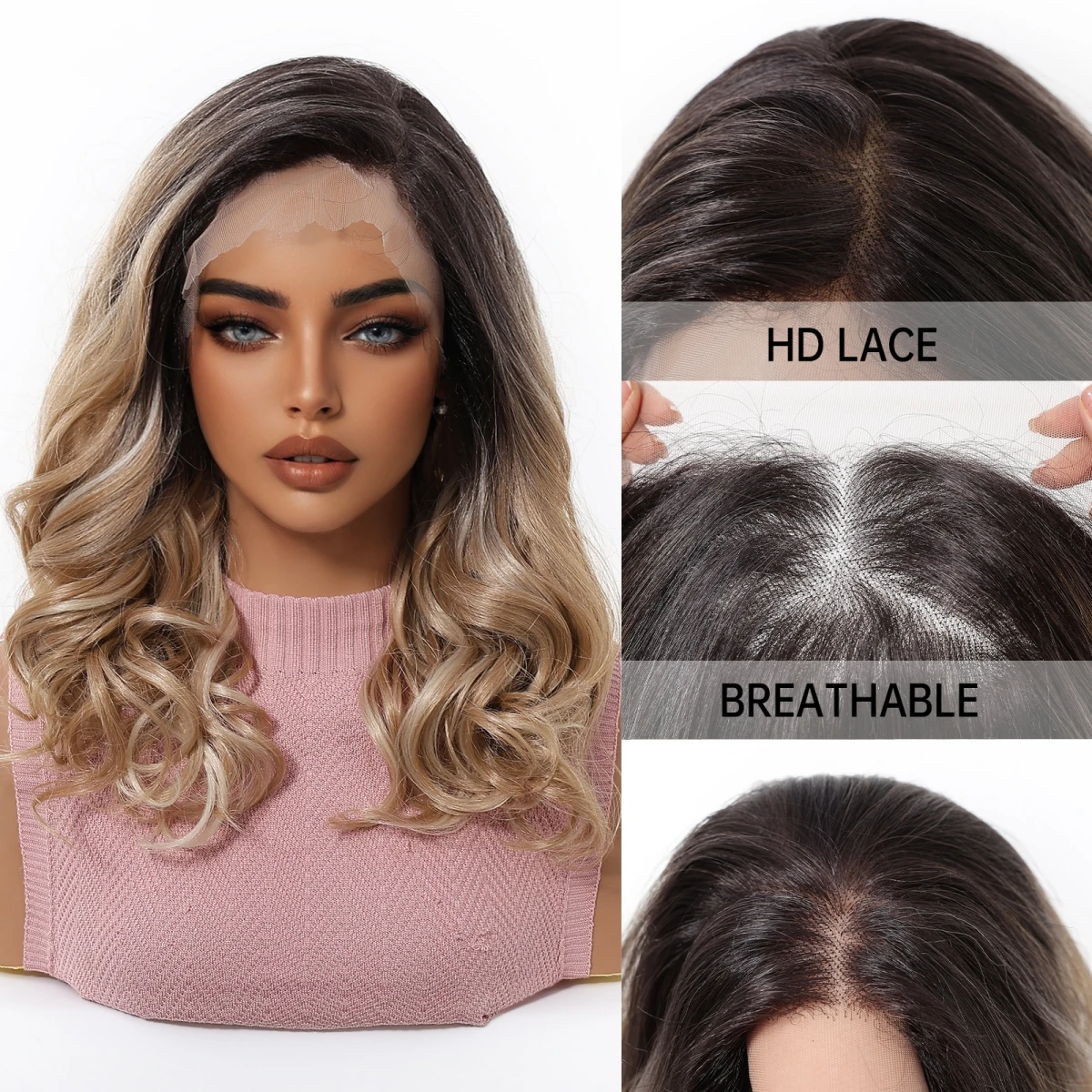 Peruki syntetyczne o średniej długości, falowane, kręcone, z przedziałkiem typu 13*6, naturalne peruki syntetyczne dla kobiet na imprezy i cosplay, 35 cm, blond peruki z ciemnymi odrostami.