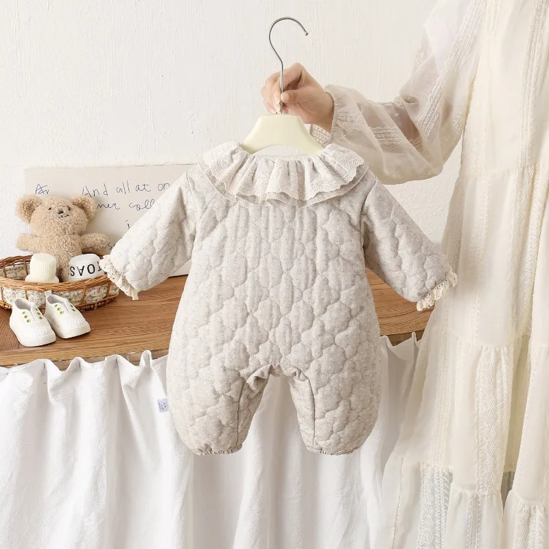 Korean Infant Rhombus Padded Cotton Climbing Suit Baby Girl Lace Collar Onesie Newborn Autumn and Winter