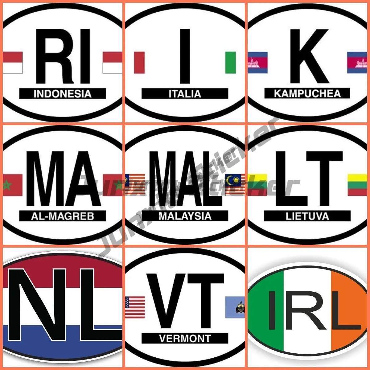 Oval Flag and Country Code Car Sticker INDONESIA IRL ITALIA K VERMONT LT MA NL MALAYSIA PVC Waterproof Self-adhesive Sticker