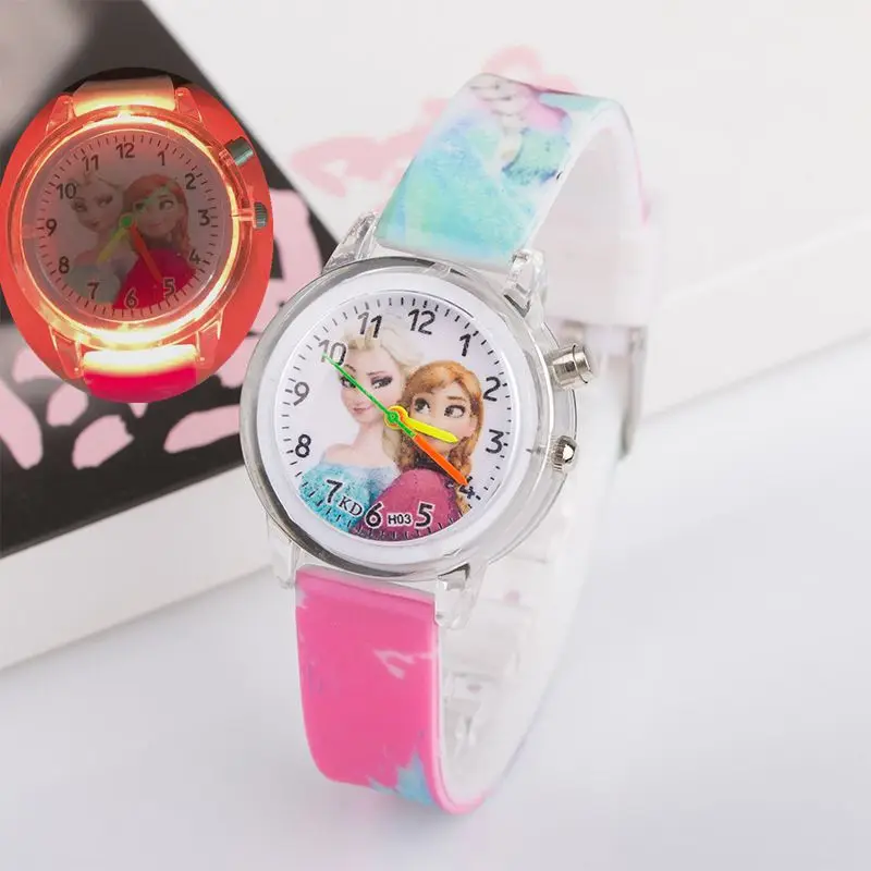 Disney Cartoon Frozen Princess Elsa children watches Colorful Led Light Watch Girls Kids Gift  Wristwatch Sports silicone strap