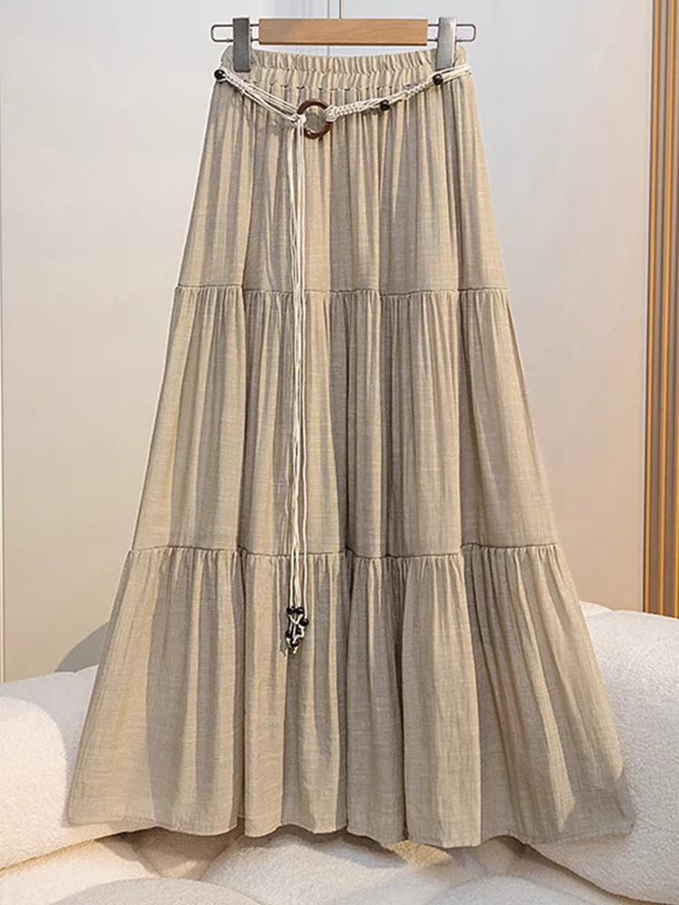 Jupe mi-longue d'été Boho en coton et lin : jupe longue plissée trapèze fluide avec coupe amincissante et design qui cache les hanches pour les vacances du resort