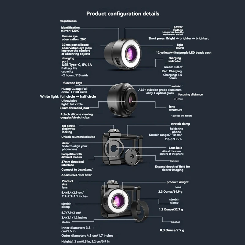MS120 Phone Microscope Professional Identification Lens 120X HD Magnifying Jewelens With 19 Light Modes 36 LED Lamp Beads