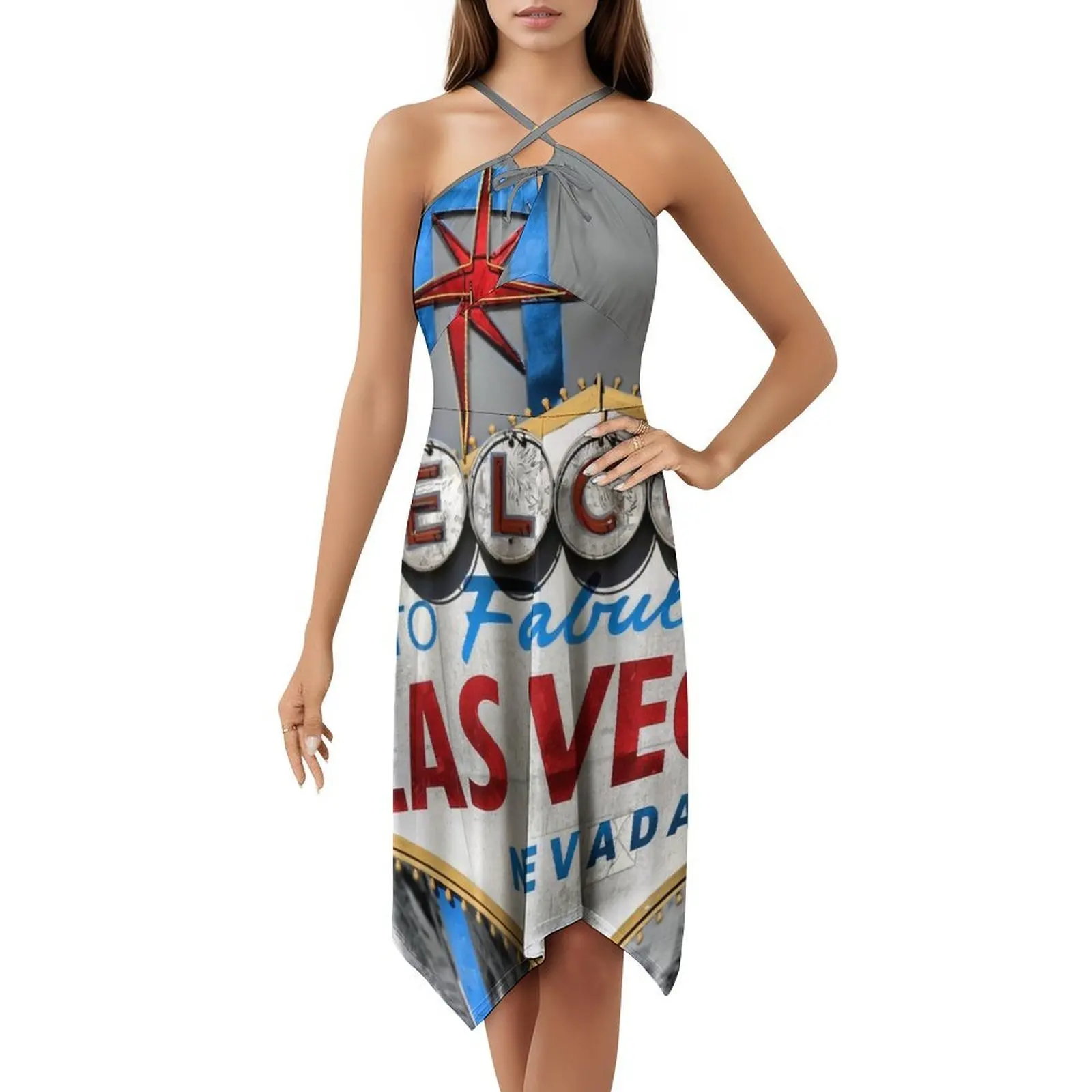 مرحبًا بكم في فستان رائع بخط عنق على شكل قلب من لاس فيغاس، فستان صيفي أنيق للحفلات للنساء، لافتة ترحيب لاس فيغاس فيغاس