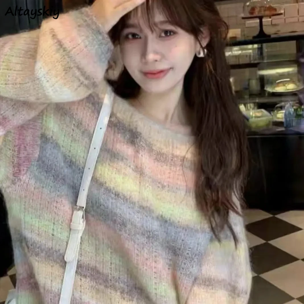 

Пуловеры женские шикарные женские вязаные свитера в радужную полоску свободные модные ленивые корейские милые с круглым вырезом простые осенние новые для отдыха Ins