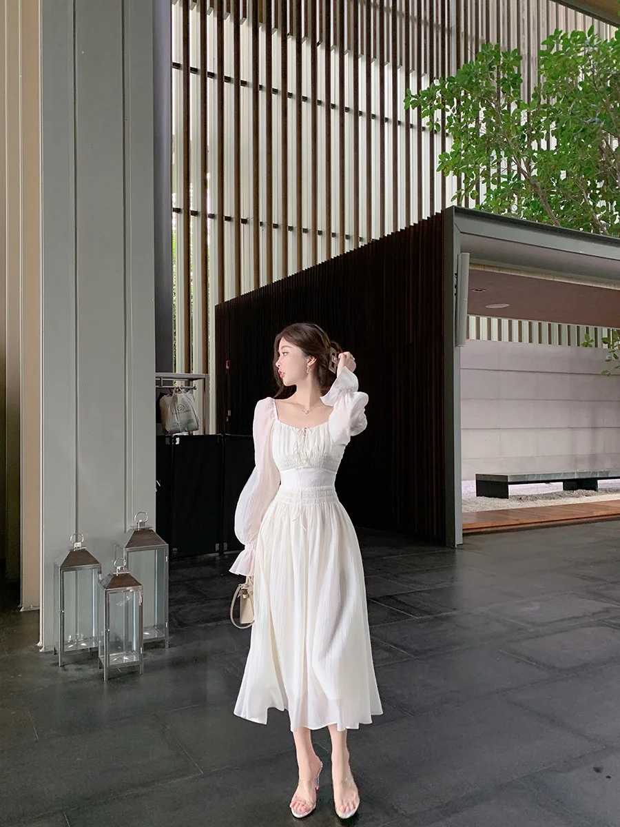 

ByYou Gentle Wind Square Collar Long White Bubble Sve Dr Waist Cinched High Design Sensation Little Bla Dr