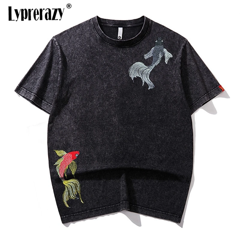 

Lyprerazy Chinese Style Fish Koi Embroidery Short-sleeved Men's T-shirt Summer Casual Washed Cotton Vintage T Shirt to Be Rich