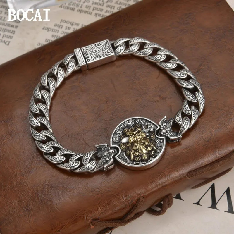 

BOCAI New S925 Silver Retro Domineering Chinese Ethnic Style Personality Lion Biting Sword Bracelet Men Gift