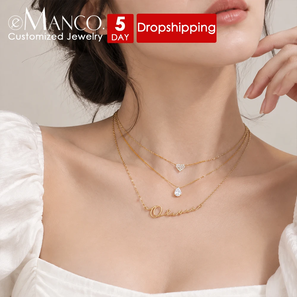 EMANCO Custom Layered Name Necklace Stainless Steel Teardrop Zirconia Pendant Personalized Crystal Accessory Dropshipping