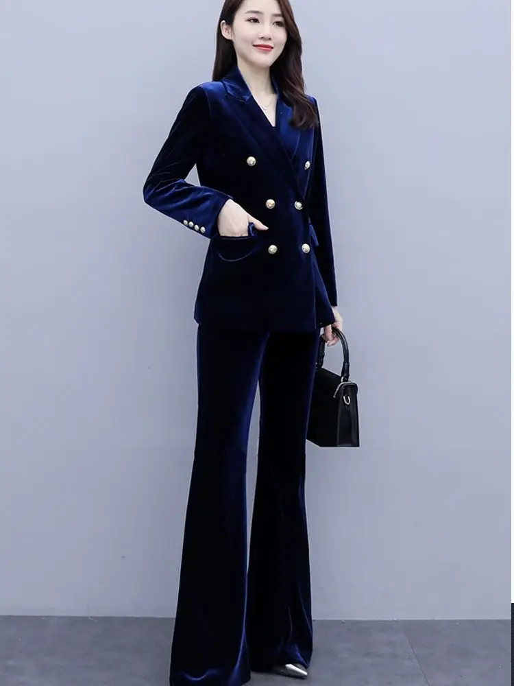 High Suits Outerwear Spring And Autumn Slim Fitting Fashionable Stylish Flare Pants Professional Gold Velvet Suit 2 Piece Sets