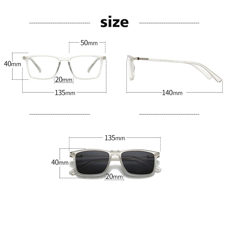 VCKA Transparent Frame Women Myopia Sunglasses 6 In 1 Magnetic Clip Glasses Round Men Polarized Prescription Eyeglass -0.5~-6.0