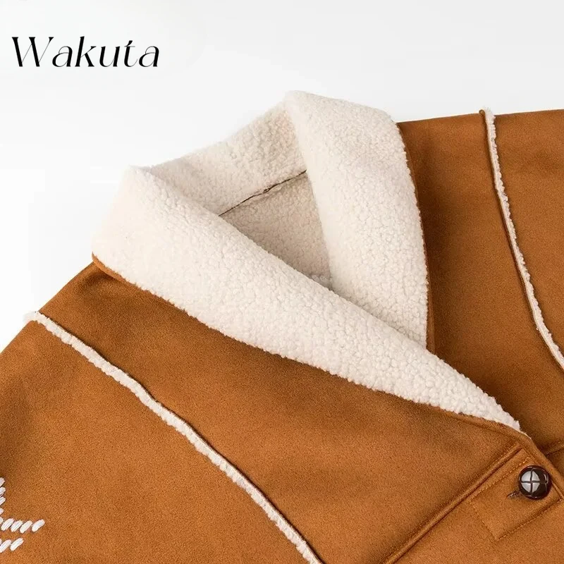 WAKUTA Retro Autumn/Winter Lapel Long-sleeved Printed Jacket Casual Splicing Color Collision Lamb Wool Gingerbread Man Jackets