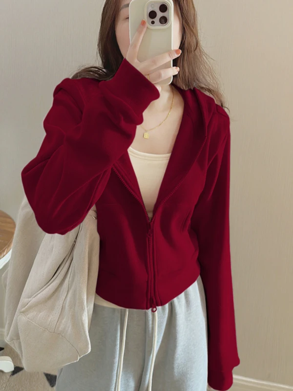 

Faionable Wine Red Hooded Sweatirt Jaet Women's ort Sle Zipper Cardigan Korean Version Autumn New Arrival