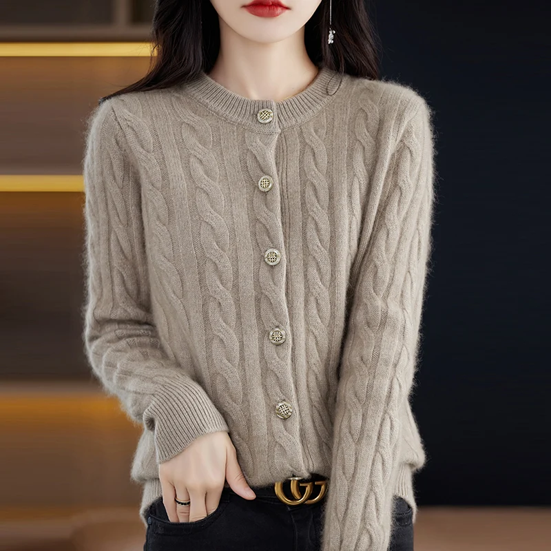 100% mink cashmere sweater women's round neck cardigan casual loose Large size knitted sweater autumn winter fashion Korean