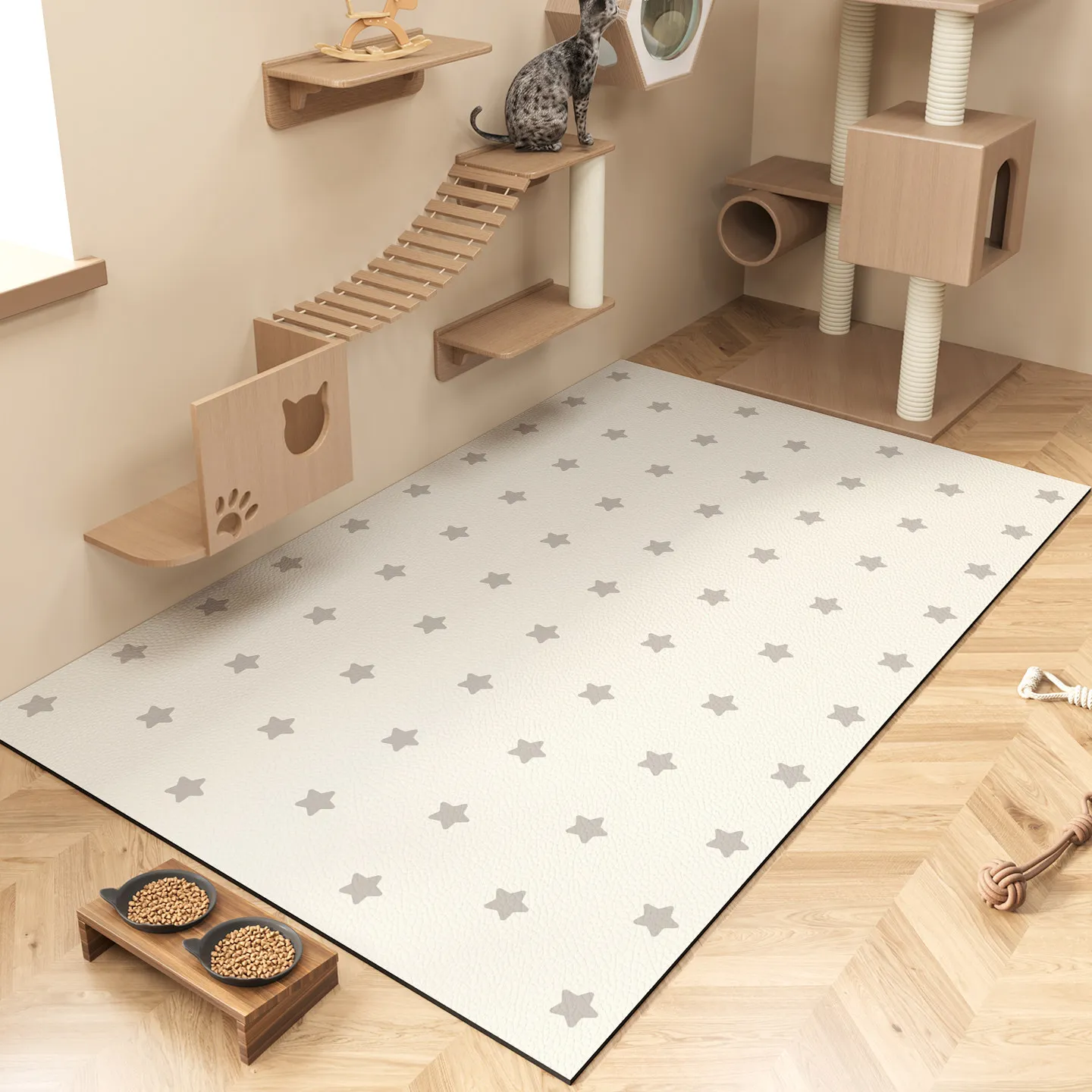 VIKAMA Beige Gray Star Print Pet Mat Non Slip Waterproof Floor Rug for Cat Dog Bed Crate Washable