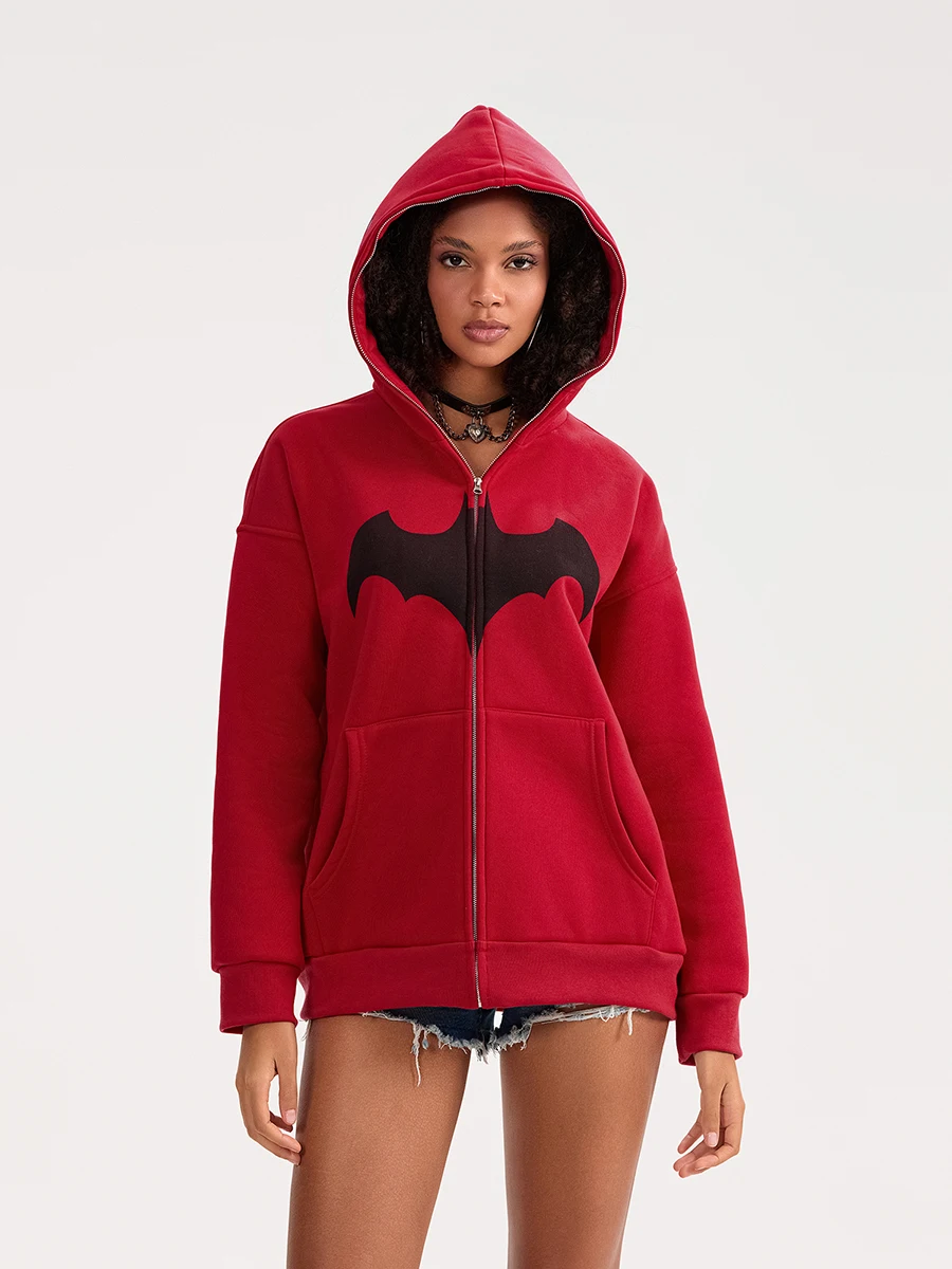 Women Men Hooded Hoodie Halloween Gothic Long Sleeve Bat Print Zip-up Sweatshirt with Pockets Female Fall Coat Streetwear Y2K