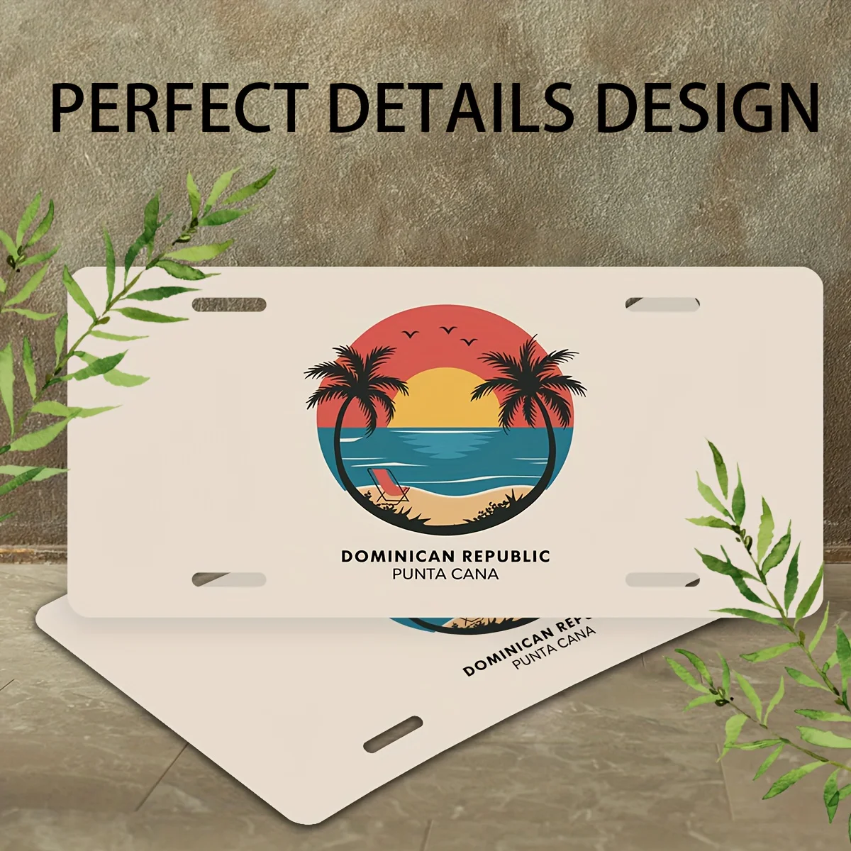 2D Flat  Aluminum License Plate Frame And Cover | Dominican Republic Punta Cana, Unisex, Wall Mount, Suitable for Halloween