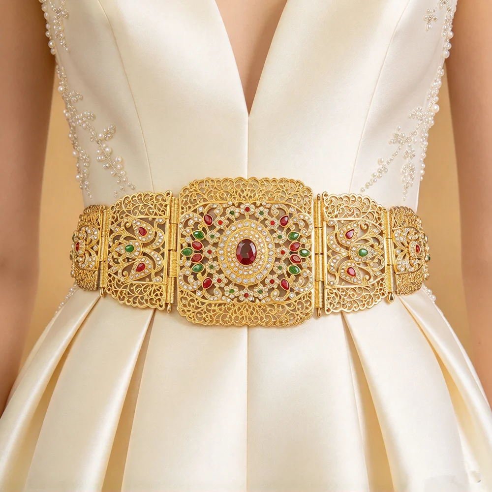 Gold Luxury Wide Waist Chain Moroccan Retro Style Embedded Sparkling Rhinestones Arab Wedding Robe Belt Body Jewelry Bridal Gift