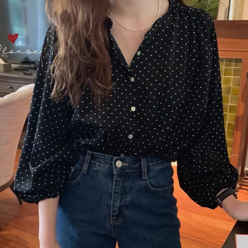 

Long Sleeve Shirts Womens Chiffon Polka Dot Buttoned Blouses Lantern Sleeves Slim Fit Preppy Minimalist Feminine Elegant Casual