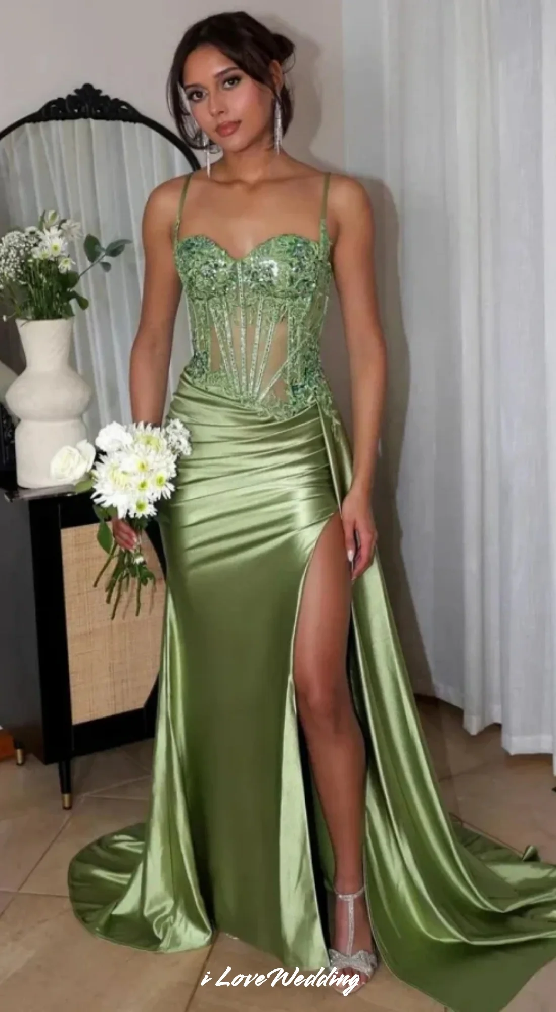 Srebrna syrenka sukienka na studniówkę Spaghetti pasek wysokie rozcięcie suknia wieczorowa Sweetheart obcisła satynowa seksowna sukienka wizytowa gorset dostosowany