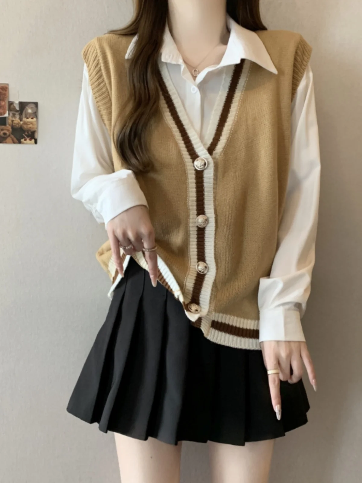 

plus Size Women's College Sle Knitted Vest Cardigan Autumn Winter Outerwear Fat Sister oulder Pad Sweater Small Vest