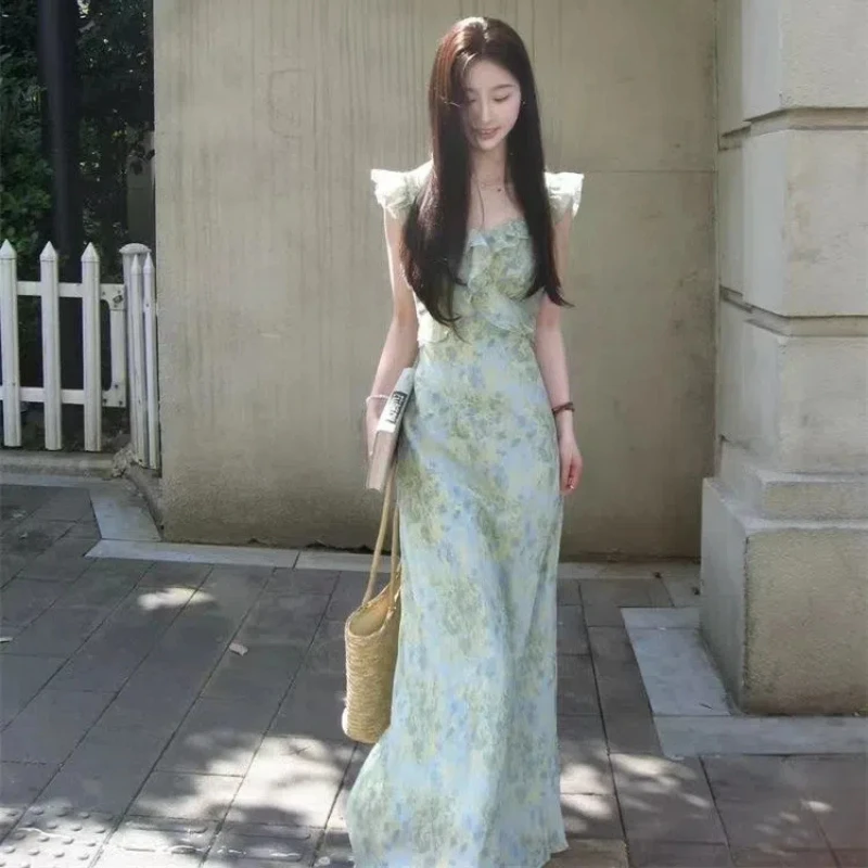 الربيع الصيف قصيرة الأكمام على شكل حرف U طوق الأزهار الصالحة للأكل شجرة الفطريات الملابس النسائية الخصر تراجع النمط الفرنسي الحلو Dresse