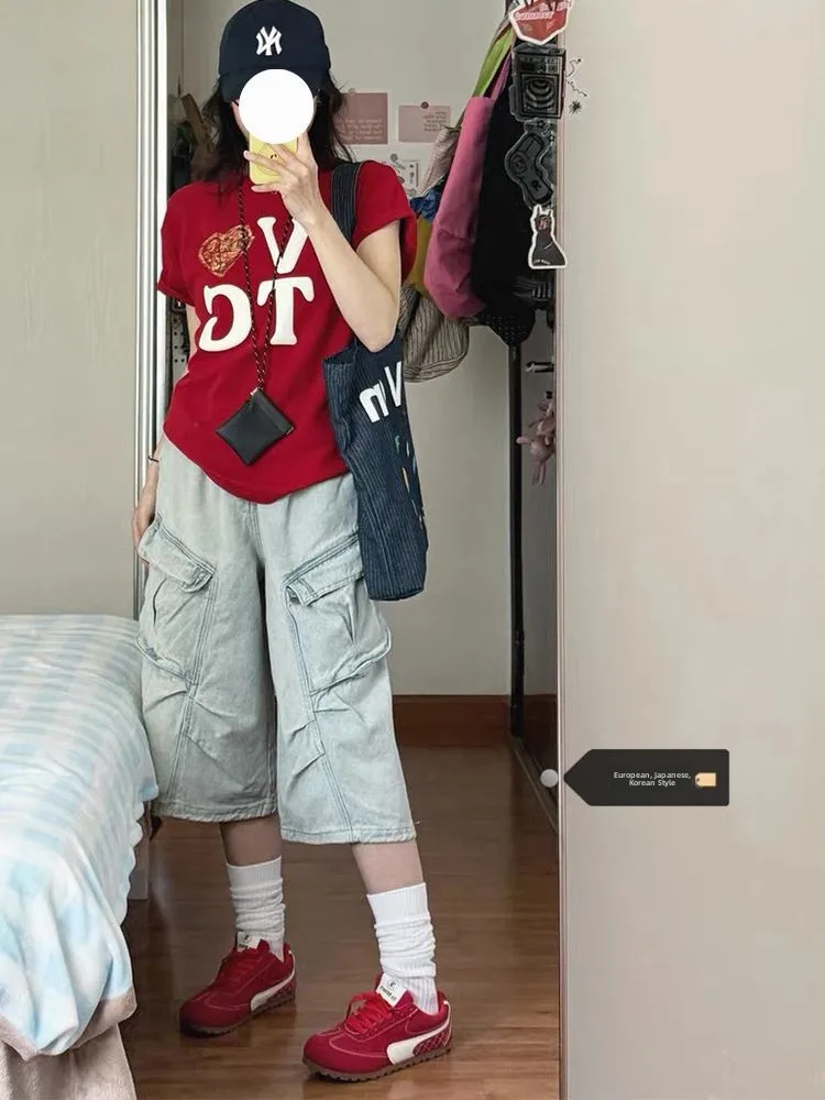 

plus Size American Lazy Sle Wide Leg Denim orts Women's Summer New Slimming Waed Seven-Foot Trendy High Waist Jeans