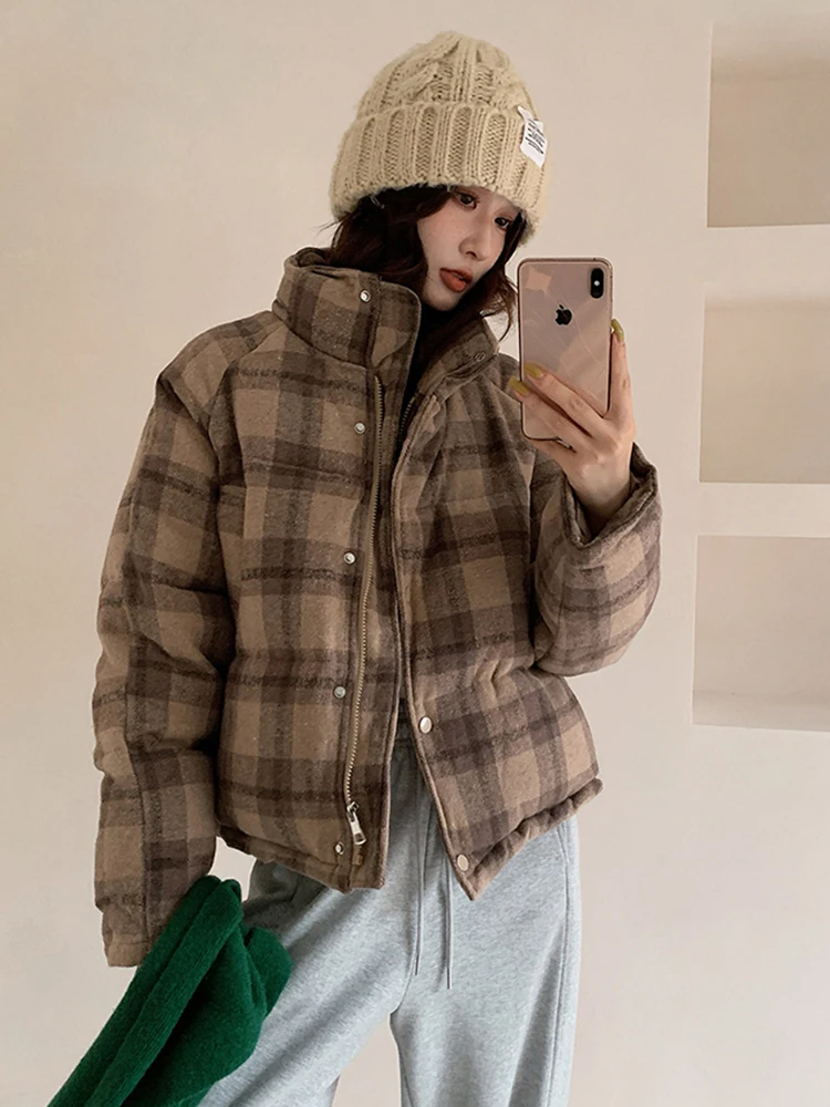 

Jmprs Vintage Plaid Parkas Women Loose Winter Thick Warm Stand Collar Cotton Coat Harajuku American Streetwear Pockets Jacket