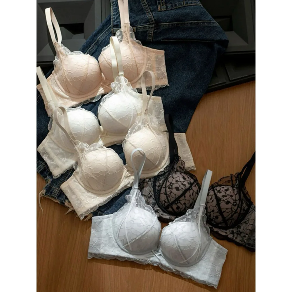 NIEPO Ladies Delicate Floral Lace Push Up Bra Small Boob Lift Anti Sag Side Boob Control Sexy Pure Desire Brassiere S-XL Puls Up