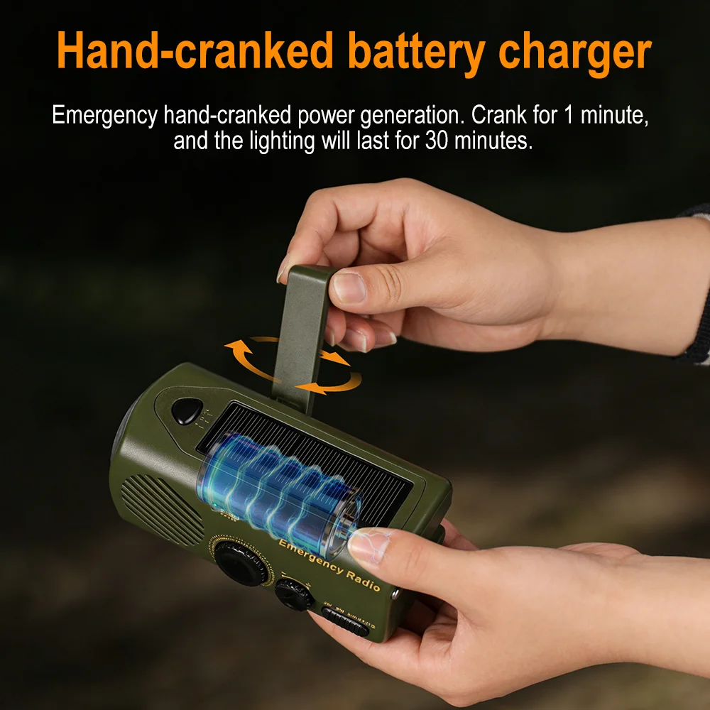 BORUiT Portable Solar Hand Crank Radio AM/FM Emergency Radio with LED Flashlight SOS Alarm USB Rechargeable for Outdoor Camping