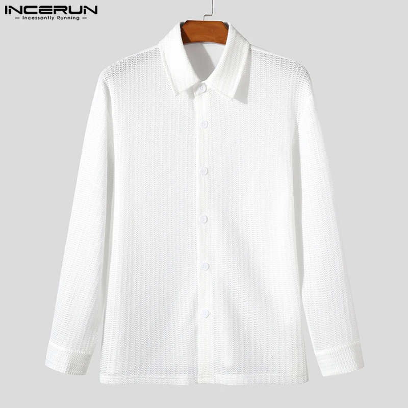 INCERUN Men Shirts Solid Color Hollow Out Lapel Long Sleeve Casual Men Clothing Streetwear 2024 Transparent Fashion Shirts S-5XL