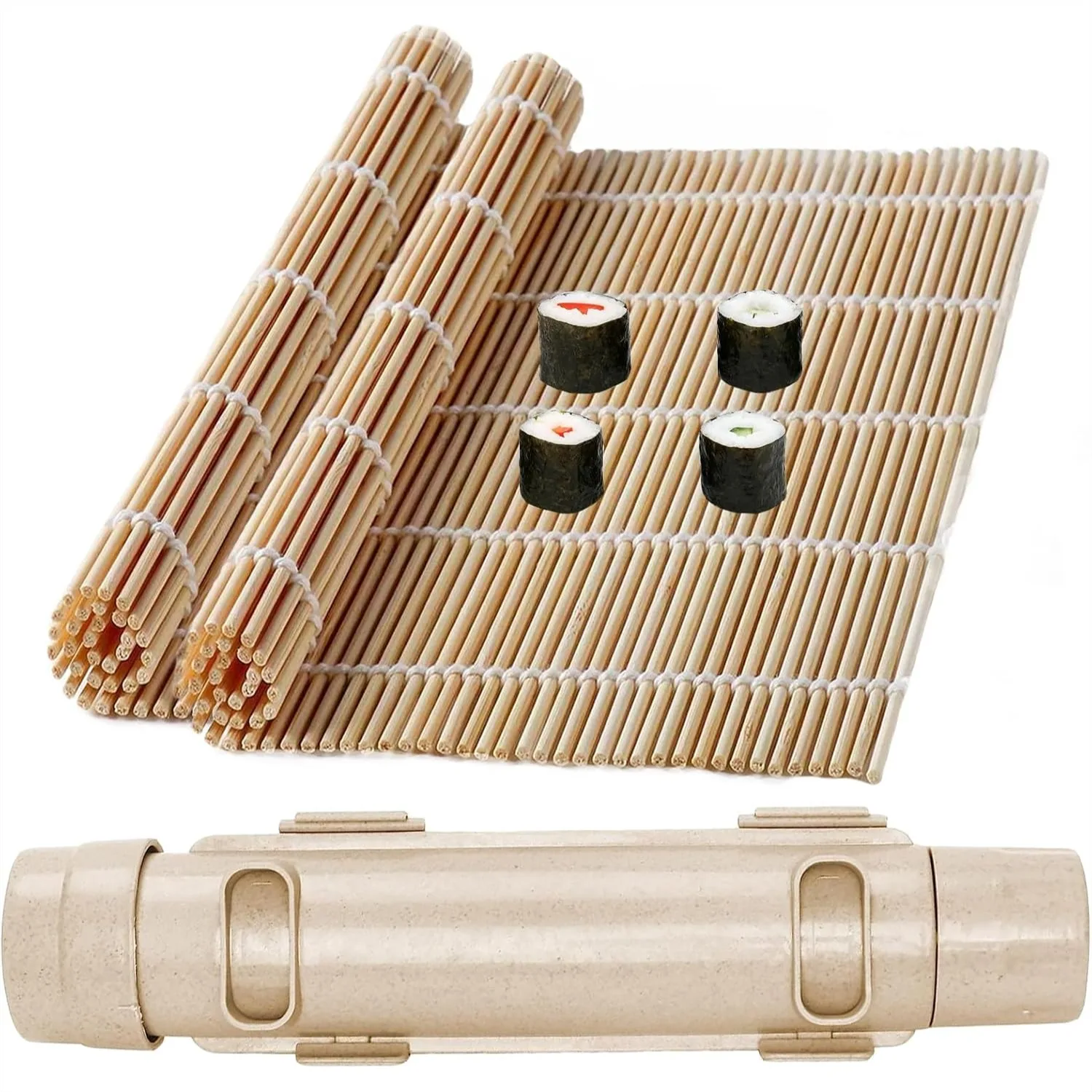 Kit para Hacer Sushi con 2 Tapetes de Bambú y Sushi Bazooka, Set Ideal para Principiantes para Preparar Rollos de Maki Caseros