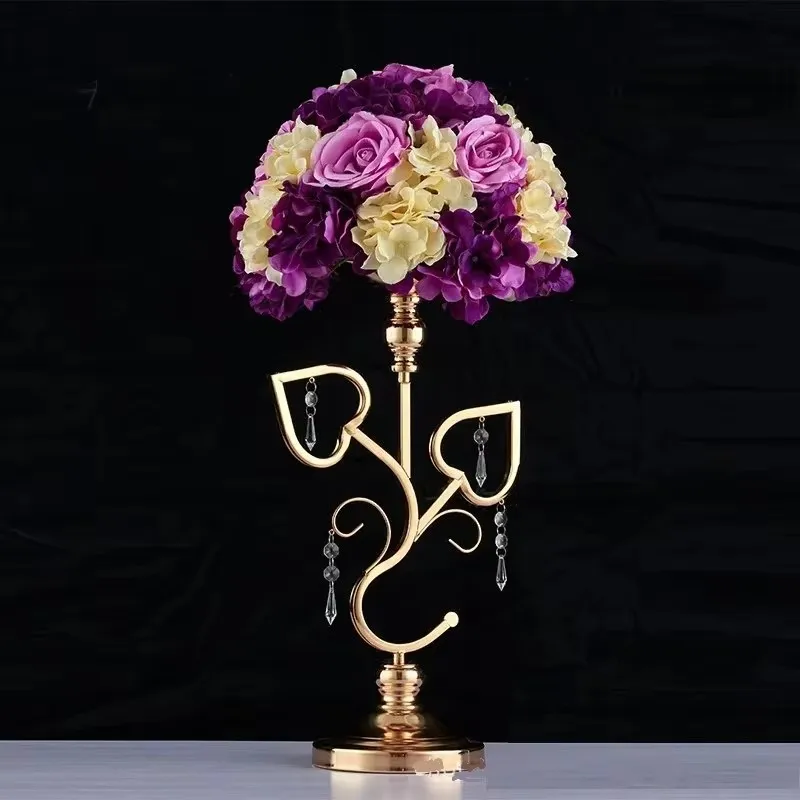 

Golden Double Heart Flower Stand, Wedding Table Candlestick, Centerpiece Event, Road Lead Pillar, 10Pcs