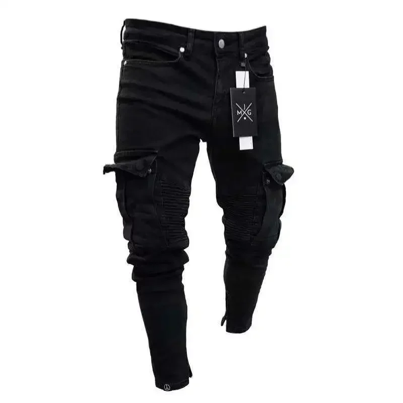 Elastic Mens Jeans Trendy Knee Holes Zippered Small Leg Pants for Men