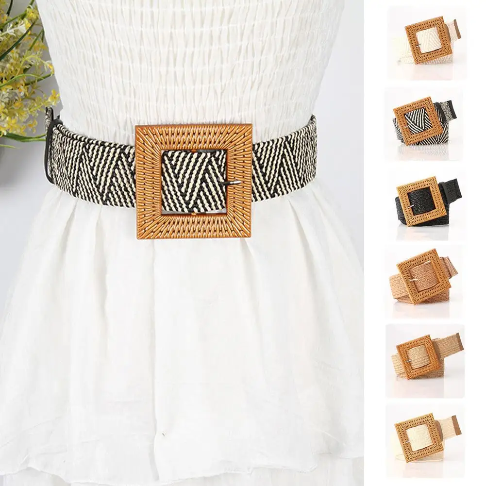 

New Boho Straw Wide Belts Classic Solid Color Imitation Wooden Buckle Belt Elastic Waistband Elegant Dress Coat Girdle For O6J0