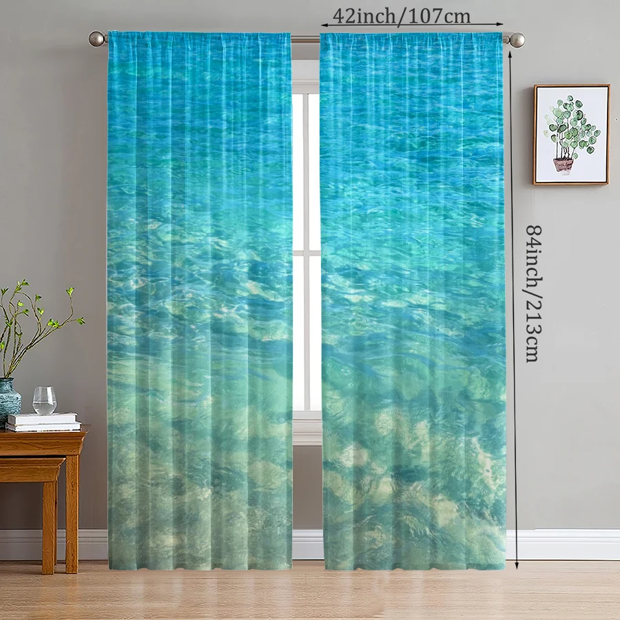 2 pieces of blue ocean print curtains, pole bag curtains, Christmas decorations, home decorations, room decorations