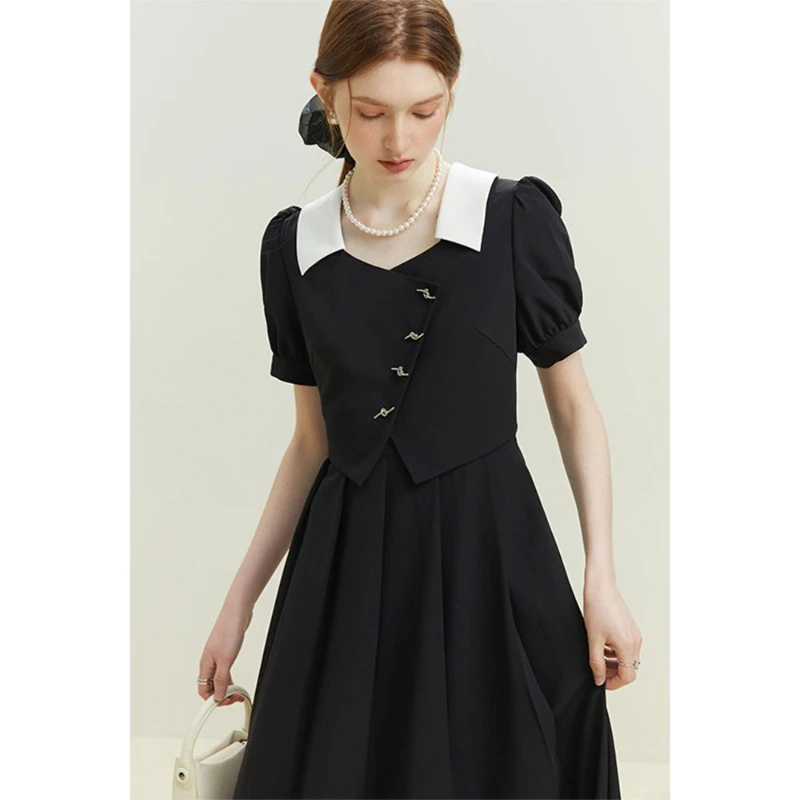 

French Gentle Girl Style Dress Women Summer Contrasting Turn-down Collar Short Sleeve Midi Skirt Loose Fake Two-piece Long Skirt