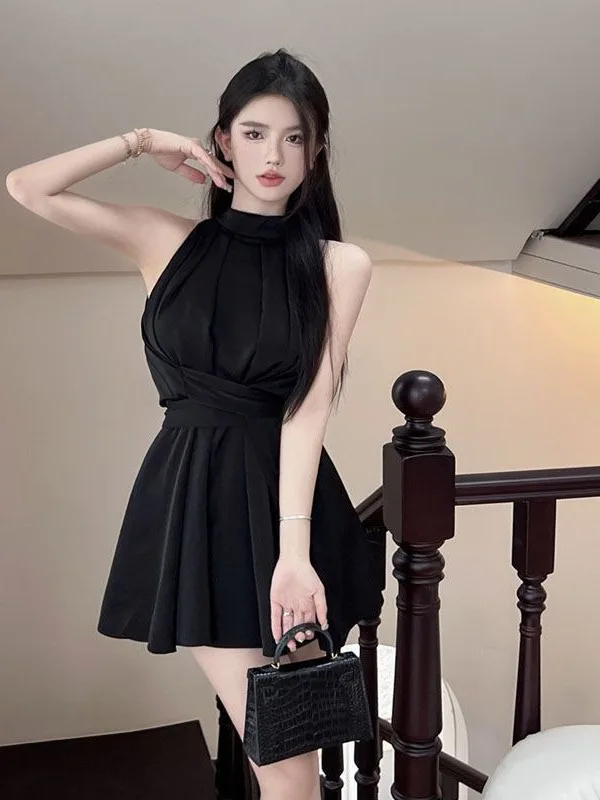 Sleeveless dress for women summer French off the shoulder sexy socialite temperament slim fit waist tied short dress T8Z6