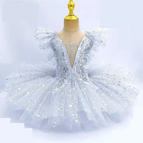 Vestido de Ballet con lentejuelas para niños, disfraz de actuación, vestido de baile moderno plateado para niña, fiesta con imagen de Ballet para niños