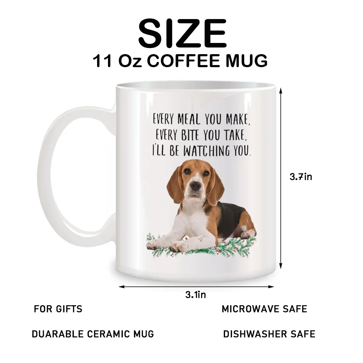 Beagle Ceramic Mug, Coffee Mug, Birthday and Christmas Gifts, White, 11 oz