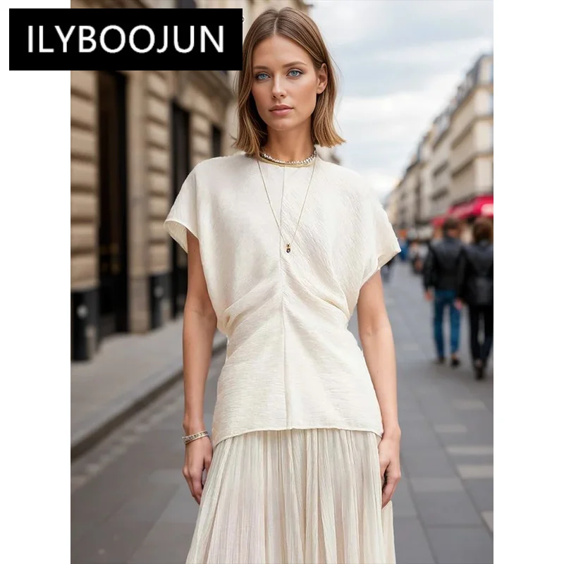 

ILYBOOJUN Solid Spliced Folds Minimalist T Shirt For Women O Neck Short Sleeve Tunic Casual Tops Female Fashion Style Clothes