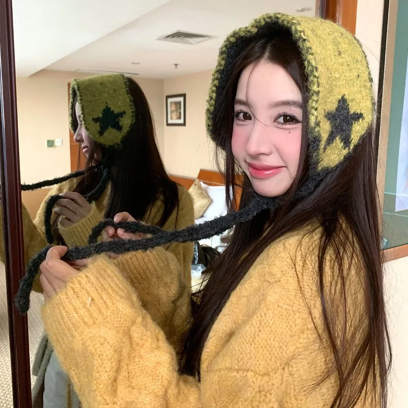 

Нишевые контрастные цвета, жаккардовые наушники со звездами для женщин, осенне-зимняя дорожная атмосфера, теплые уши, ремни, платок