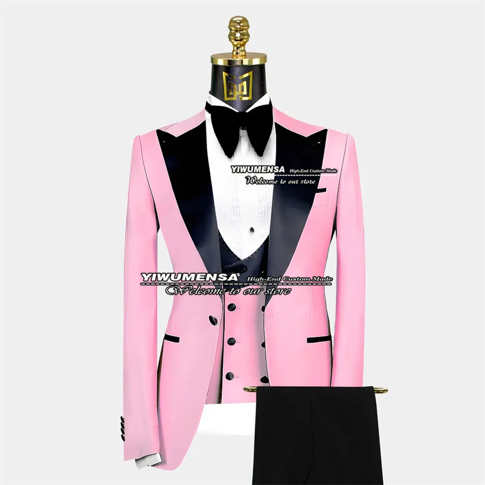 

Spring/Autumn Pink Suit Men Slim Fit Black Lapel Jacket+Vest+Pants 3 Pcs Formal Wedding Tuxedo Business Party Blazer Masculino