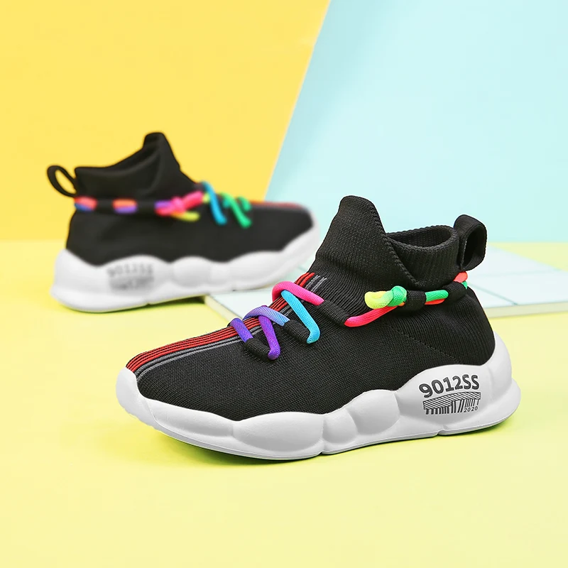 A pair of children's knit sock high-top running sneakers, colorful braided laces soft segmented sole casual shoes JJ-YK618