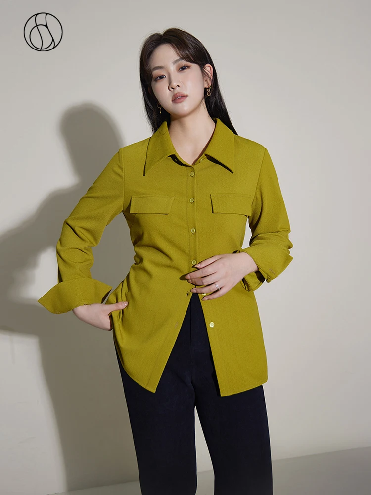 

DUSHU [Two Colors Available] Designed Sense Bark Wrinkled Texture Shirt for Women New Winter Wear Commuter Solid Shirts Female