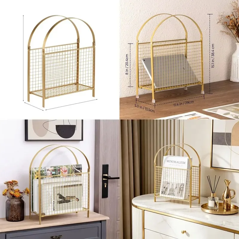 Nordic Style Gold Magazine Rack File Storage Removable Vertical Bookshelf Newspaper Holder