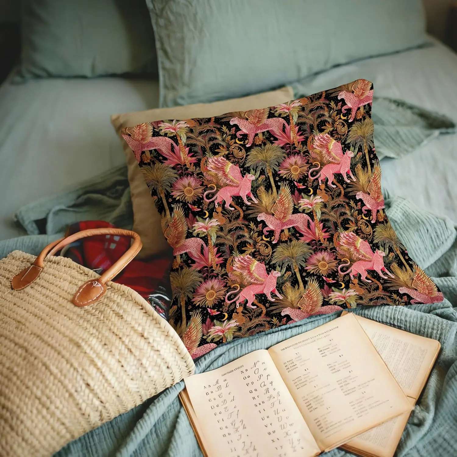 Fantasy Hot Pink and Gold Leopard Pillow Covers 18x18, Trendy Funky Tropical Forest Cheetah Decorative Throw Pillow Covers Pillo